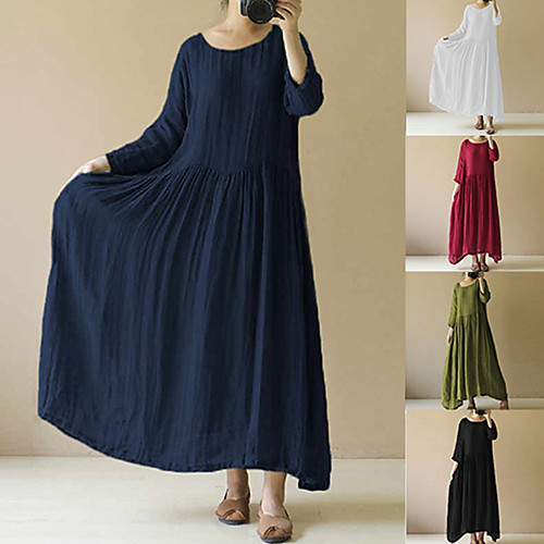 

hot sale in europe and america in 2020 solid color cotton and linen fashion big swing long sleeve dress women