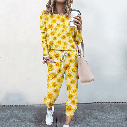 

Women's Streetwear Cinched Floral Going out Casual / Daily Two Piece Set Sweatshirt Tracksuit Pant Loungewear Jogger Pants Drawstring Print Tops