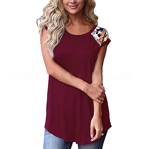 

Women's T shirt Floral Color Block Patchwork Print Round Neck Tops Basic Basic Top Black Blushing Pink Wine