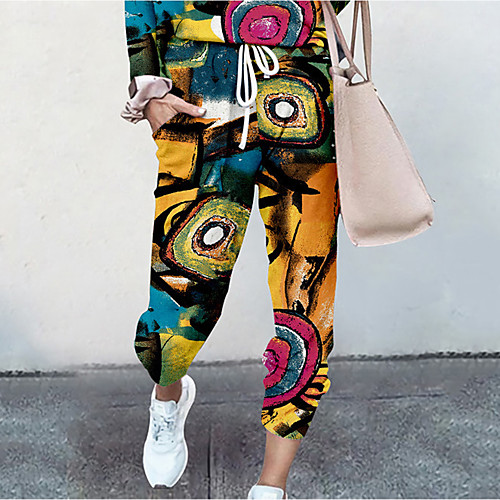 

Women's Basic Soft Comfort Daily Home Jogger Pants Flower / Floral Graphic Prints Full Length Elastic Drawstring Design Print Purple Red Yellow Wine Green
