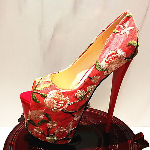 

Women's Heels Stiletto Heel Peep Toe Lace PU Almond Red