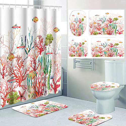 

Undersea Plants Ocean Theme Bathroom Waterproof Shower Curtain and Hook Cushion Four-piece Casual Decoration