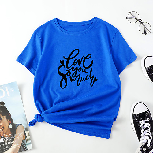 

Women's T shirt Heart LOVE Letter Print Round Neck Tops Cotton Basic Basic Top White Blue Red