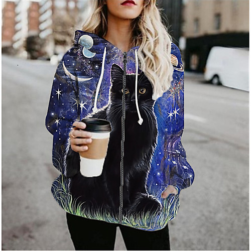 

Women's Jacket Daily Fall Spring Regular Coat Regular Fit Casual Jacket Long Sleeve Cat Print Blue / Holiday