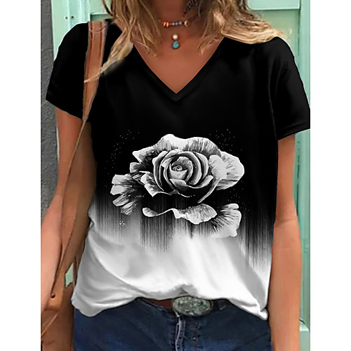 

Women's Floral Theme Painting T shirt Floral Color Gradient Print V Neck Basic Tops Black