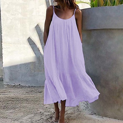 

Women's Sundress Maxi long Dress Sleeveless Solid Color Ruched Ruffle Summer Round Neck Casual Loose 2021 S M L XL XXL XXXL 4XL 5XL