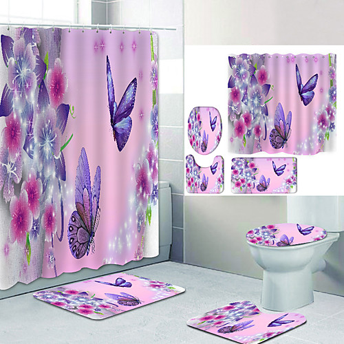 

Purple butterfly flowers Digital Printing Four-piece Set Shower Curtains and Hooks Modern Polyester Machine Made Waterproof Bathroom