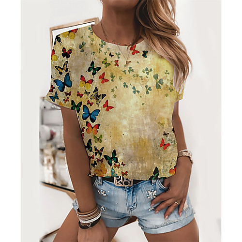 

Women's T shirt Graphic Butterfly Print Round Neck Tops Basic Basic Top Yellow