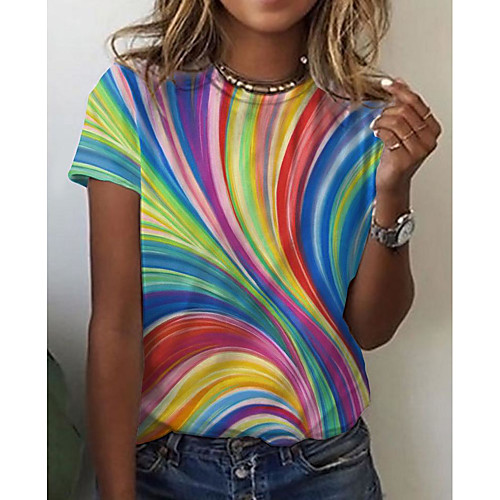 

Women's Abstract Geometric Painting T shirt Color Block Print Round Neck Basic Tops Rainbow