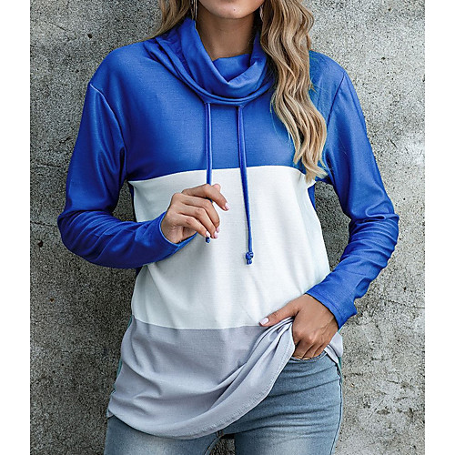 

LITB Basic Women's Blouse Color Block Long Sleeve Patchwork Turtleneck Casual Daily Tops Micro-elastic