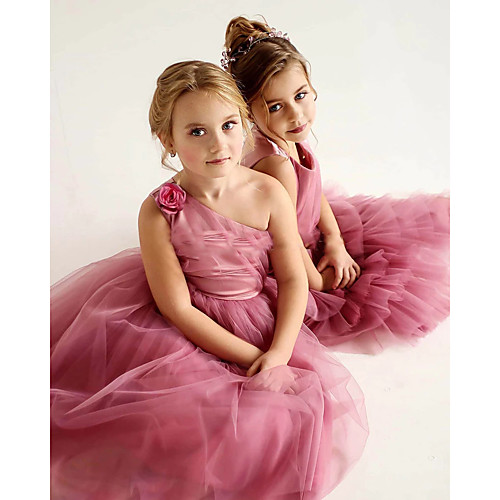 

Princess Floor Length Flower Girl Dresses Party Tulle Sleeveless One Shoulder with Tier