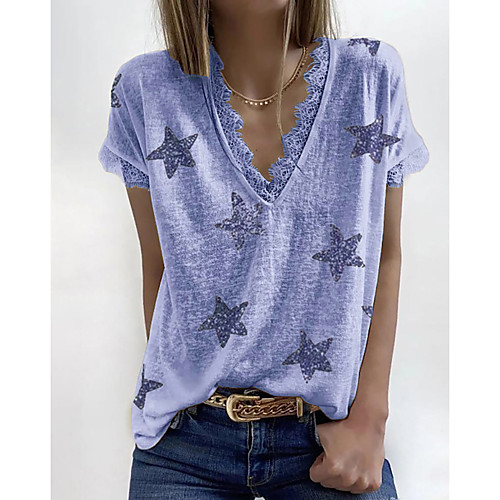 

Women's T shirt Graphic Color Block Lace Trims Print V Neck Tops Basic Basic Top White Black Purple