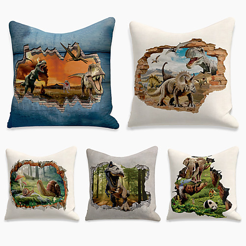 

Double Side Cushion Cover 5PC Faux Linen Soft Decorative Square Throw Pillow Cover Cushion Case Pillowcase for Sofa Bedroom 45 x 45 cm (18 x 18 Inch) Superior Quality Machine Washable Print Dinosaur
