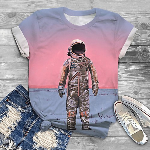 

Women's Plus Size Tops T shirt Graphic Portrait Astronaut Print Short Sleeve Crewneck Basic Blushing Pink Big Size XL XXL 3XL 4XL 5XL / Holiday