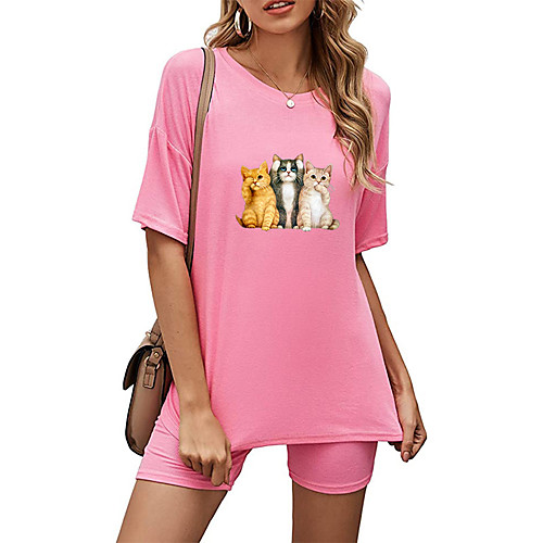 

Women's Basic Streetwear Cat Animal Vacation Casual / Daily Two Piece Set Crew Neck Tracksuit T shirt Loungewear Biker Shorts Print Tops