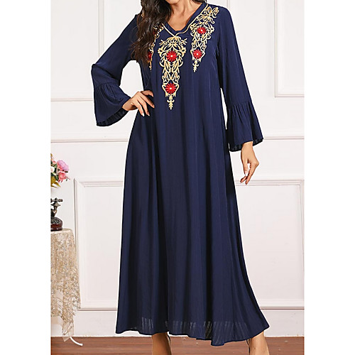 

Women's Kaftan Dress Maxi long Dress Blue Long Sleeve Print Embroidered Summer Round Neck Casual 2021 M L XL XXL