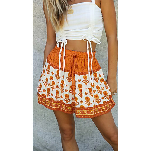 

Women's Streetwear Chino Comfort Holiday Weekend Shorts Pants Floral Graphic Color Block Short Elastic Drawstring Design Print Orange Green