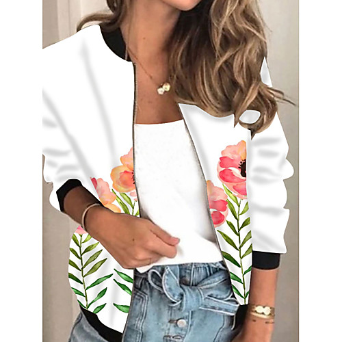 

Women's Jacket Daily Fall Spring Regular Coat Regular Fit Casual Jacket Long Sleeve Floral Print White