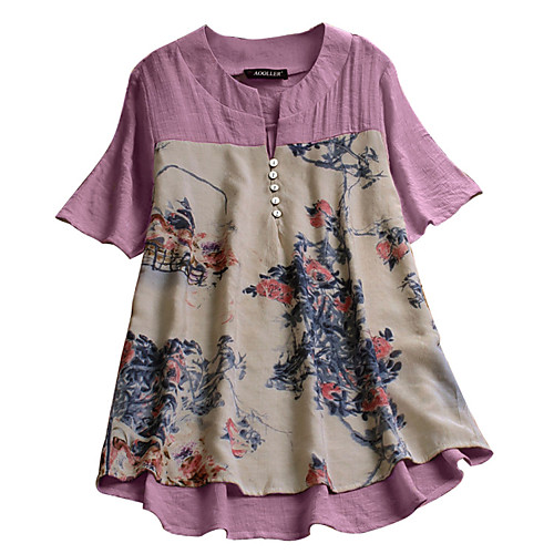 

Women's Plus Size Tops Blouse Shirt Pattern Floral Cotton Short Sleeve Round Neck Casual Purple Gray Big Size XL 2XL 3XL 4XL 5XL