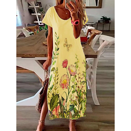 

2021 aliexpress amazon summer round neck pullover butterfly peony print short sleeve split long dress