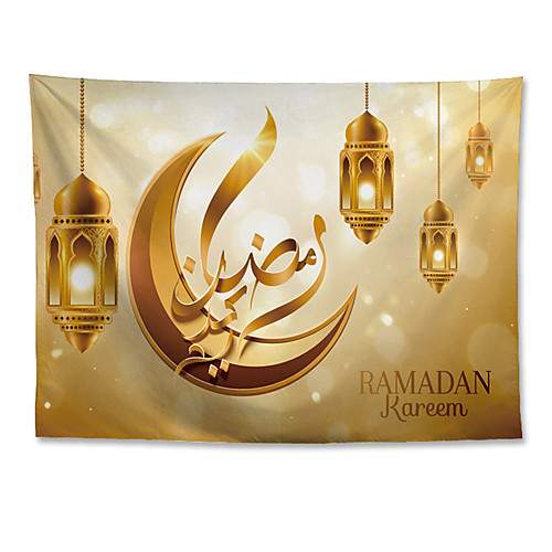 

Eid Mubarak Islamic Muslim Ramadan Wall Tapestry Art Decor Blanket Curtain Hanging Home Bedroom Living Room Decoration Polyester Golden Moon Golden Lantern