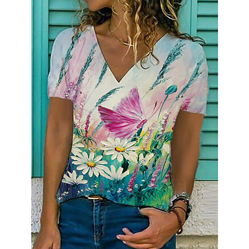 

Women's T shirt Floral Print V Neck Tops Cotton Basic Basic Top Rainbow