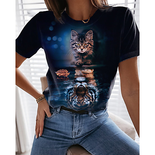 

Women's 3D Cat T shirt Cat Graphic 3D Print Round Neck Basic Tops Black