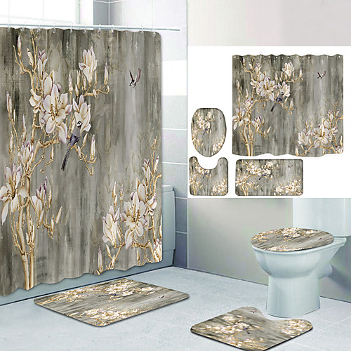 

Golden Flower Digital Printing Four-piece Set Shower Curtains and Hooks Modern Polyester Machine Made Waterproof Bathroom