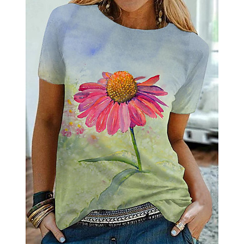 

Women's Floral Theme Daisy Painting T shirt Floral Graphic Print Round Neck Basic Tops Green