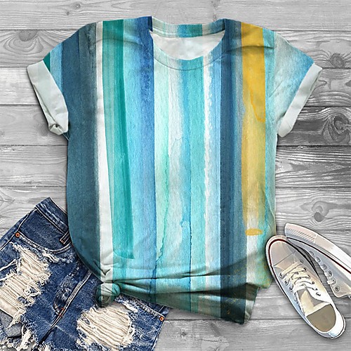 

Women's Plus Size Tops T shirt Striped Graphic Print Short Sleeve Crewneck Basic Blue Big Size XL XXL 3XL 4XL 5XL