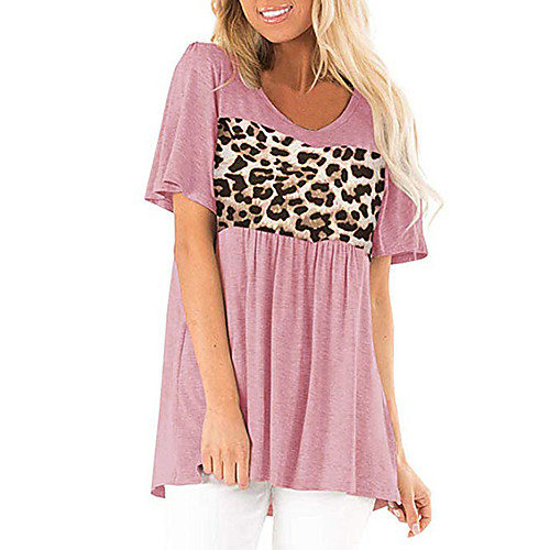 

Women's T shirt Color Block Leopard Patchwork Round Neck Tops Beach Basic Top White Black Blushing Pink