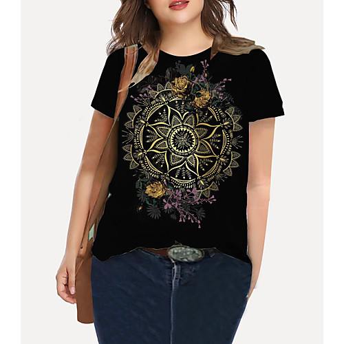 

Women's Plus Size Tops T shirt Floral Graphic Print Short Sleeve Crewneck Basic Black Big Size XL XXL 3XL 4XL 5XL / Holiday / Going out
