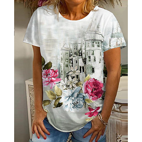 

Women's Floral Theme Painting T shirt Floral Graphic Print Round Neck Basic Tops White