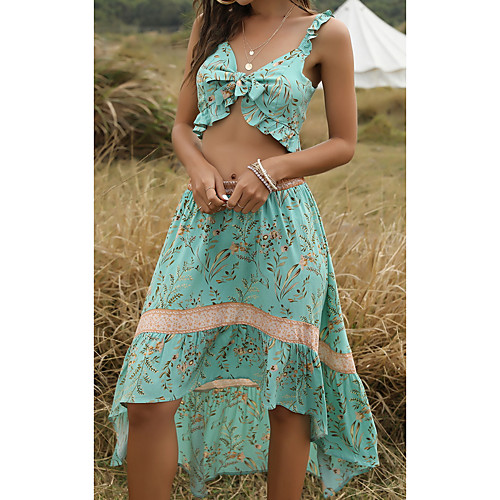 

Women's Two Piece Dress Midi Dress Green Beige Sleeveless Floral Print Fall Summer Elegant Casual 2021 S M L XL