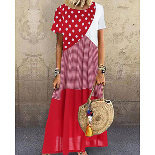 

Women's Swing Dress Maxi long Dress Blue Yellow Red Short Sleeve Color Block Summer Casual Slim 2021 S M L XL XXL 3XL