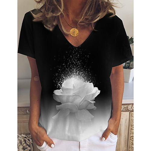 

Women's Floral Theme Painting T shirt Floral Color Gradient Print V Neck Basic Tops Black