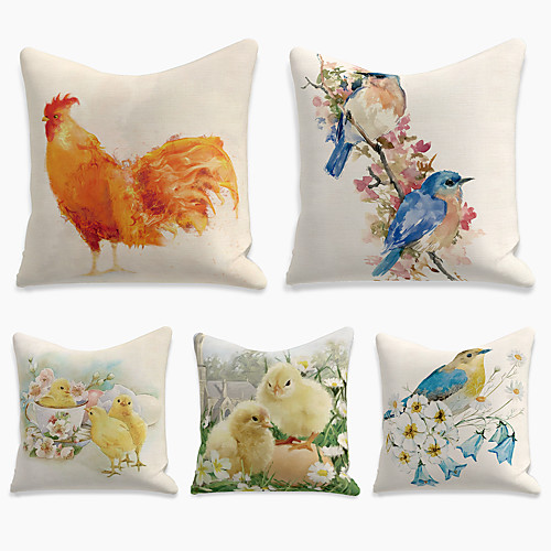 

Double Side Cushion Cover 5PC Faux Linen Soft Decorative Square Throw Pillow Cover for Sofa Bedroom 45 x 45 cm (18 x 18 Inch) Superior Quality Machine Washable Print Farm Animal Chicken
