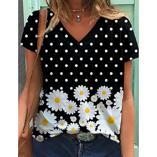 

Women's Daisy T shirt Floral Polka Dot Graphic Print V Neck Basic Tops Black