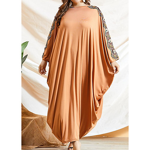

Women's Kaftan Dress Maxi long Dress Orange Long Sleeve Print Solid Color Embroidered Patchwork Summer Round Neck Casual Batwing Sleeve Loose 2021 One-Size