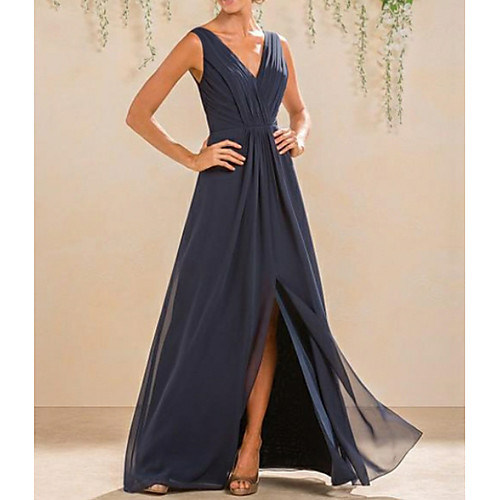 

A-Line V Neck Floor Length Chiffon Bridesmaid Dress with Pleats / Split Front / Open Back
