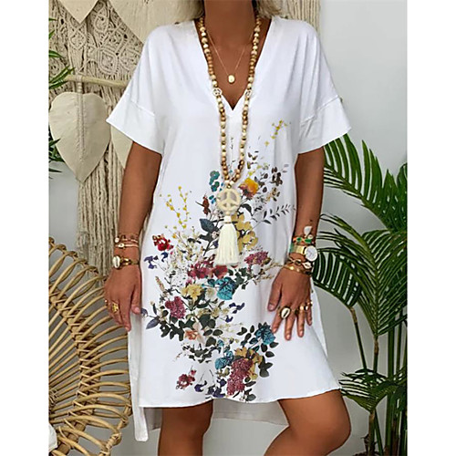 

Women's T Shirt Dress Tee Dress Knee Length Dress White Short Sleeve Floral Print Spring Summer V Neck Casual Loose 2021 S M L XL XXL 3XL