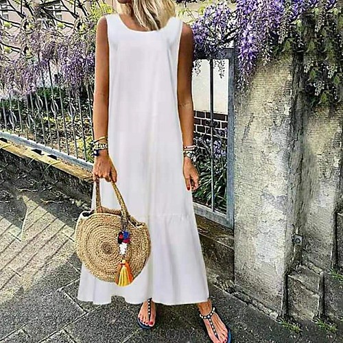

spot 2020 european and american foreign trade spring and summer cross-border solid color dress sleeveless plus size women's loose skirt