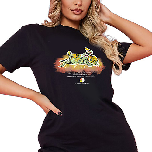 

Women's T shirt Letter Animal Print Round Neck Tops 100% Cotton Basic Basic Top Black