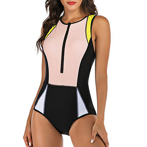 

Women's One Piece Monokini Swimsuit Tummy Control Zipper Color Block Blushing Pink Swimwear Bodysuit Scoop Neck Bathing Suits New Casual Sports / Padded Bras