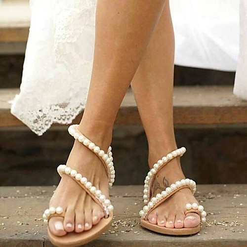 

Women's Sandals Flat Heel Round Toe PU Pearl Imitation Pearl Solid Colored White