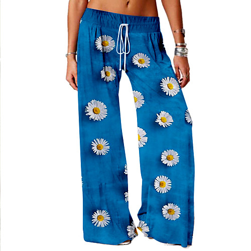 

Women's Basic Soft Comfort Daily Home Wide Leg Pants Flower / Floral Full Length Elastic Drawstring Design Print Blue Purple