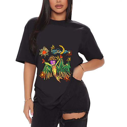 

Women's T shirt Graphic Graffiti Print Round Neck Tops 100% Cotton Basic Basic Top White Black