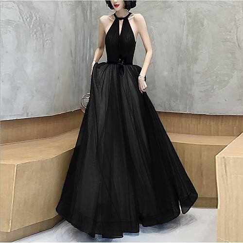 

A-Line Beautiful Back Sexy Prom Formal Evening Dress Halter Neck Sleeveless Floor Length Tulle with Sash / Ribbon 2021