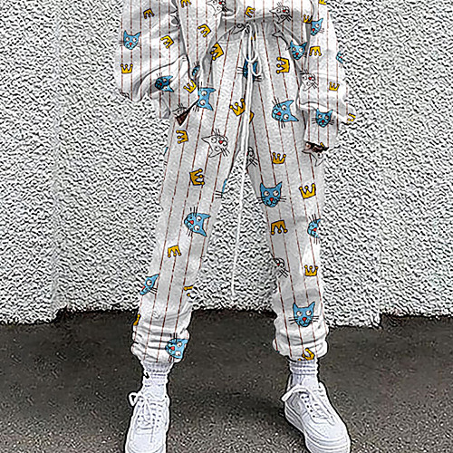 

Women's Fashion Casual / Sporty Comfort Going out Weekend Active Pants Cat Animal Full Length Pocket Elastic Drawstring Design Print White Purple Yellow Green Light Green