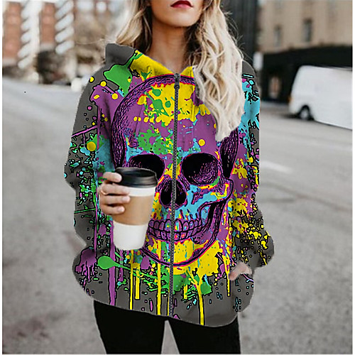 

Women's Jacket Daily Fall Spring Regular Coat Regular Fit Casual Jacket Long Sleeve Skull Print Gray / Holiday
